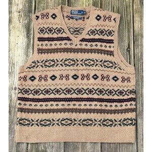 VTG Polo Ralph Lauren Vest Mens XL Brown Fair Isle Camel Lambswool Hand Knit